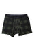 Carhartt men's plaid boxer brief in dark green/black; elastic waistband and fly front.