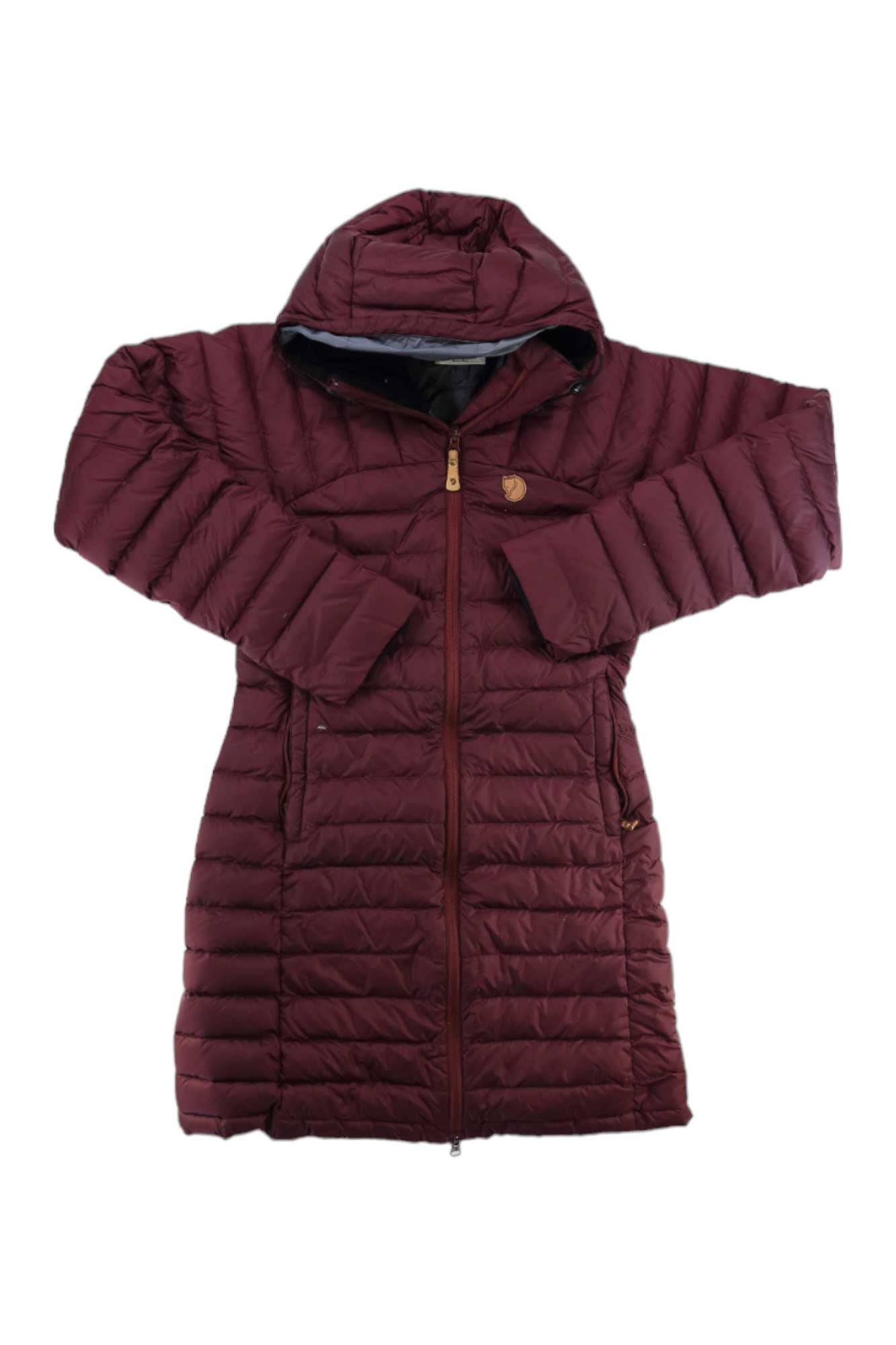 The Fjallraven Women's Snow Flake Parka, a long maroon down coat with an adjustable hood, front zipper, and horizontal quilted stitching, is laid flat on a white background.