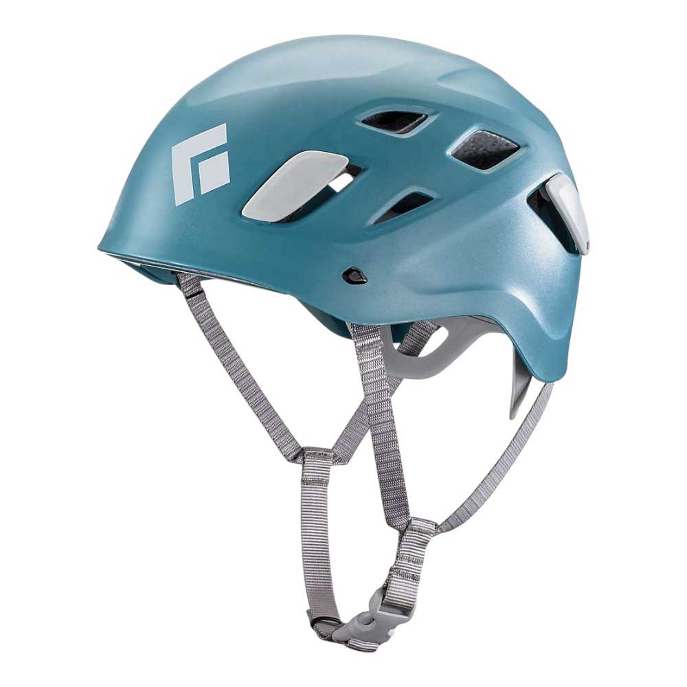 Black Diamond Half Dome helmet in teal blue with gray chin straps and ventilation vents