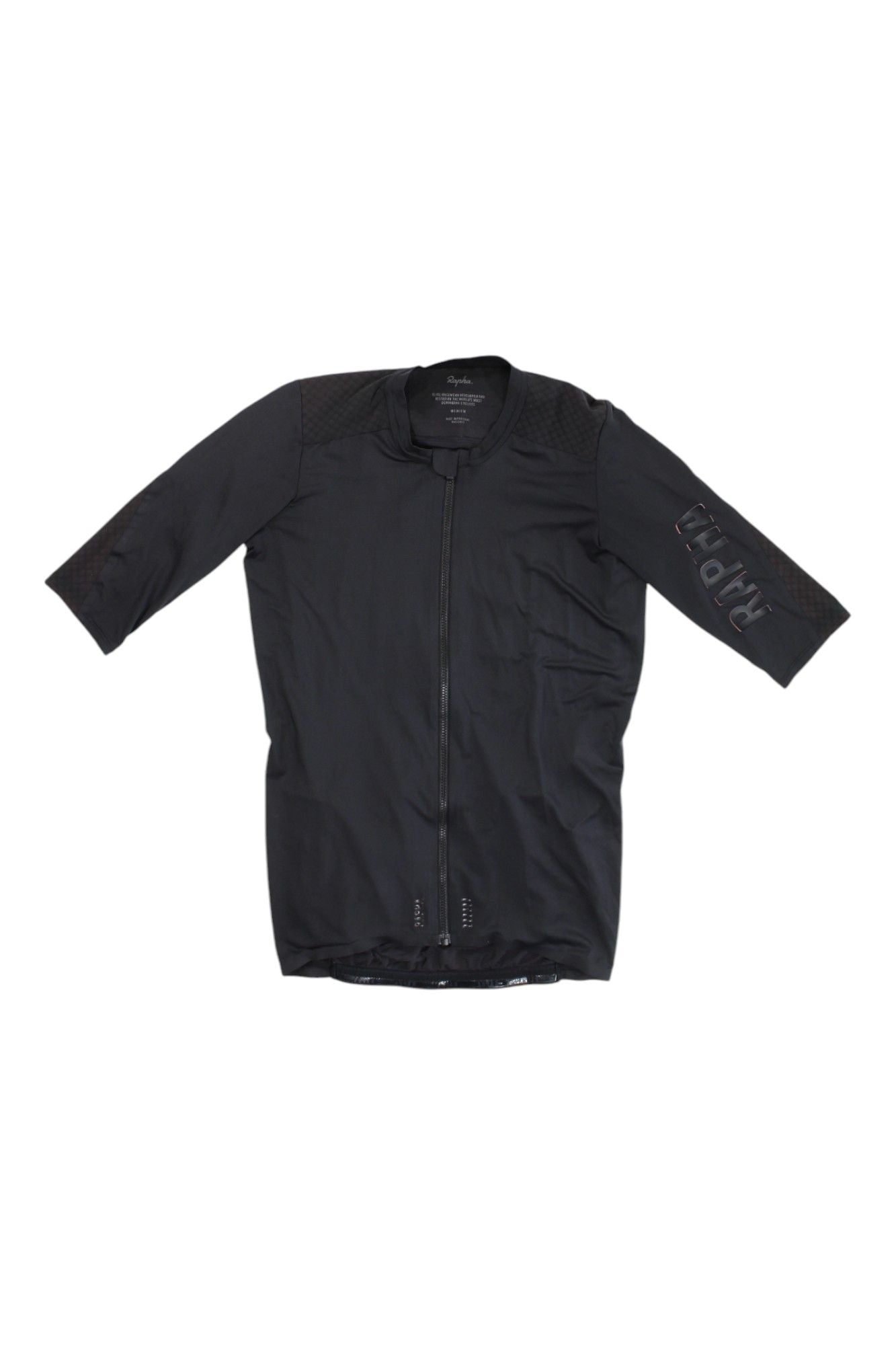 The Pro Team Aero Jersey II is a black, short-sleeved cycling jersey featuring a front zipper and RAPHA branding on the left sleeve.