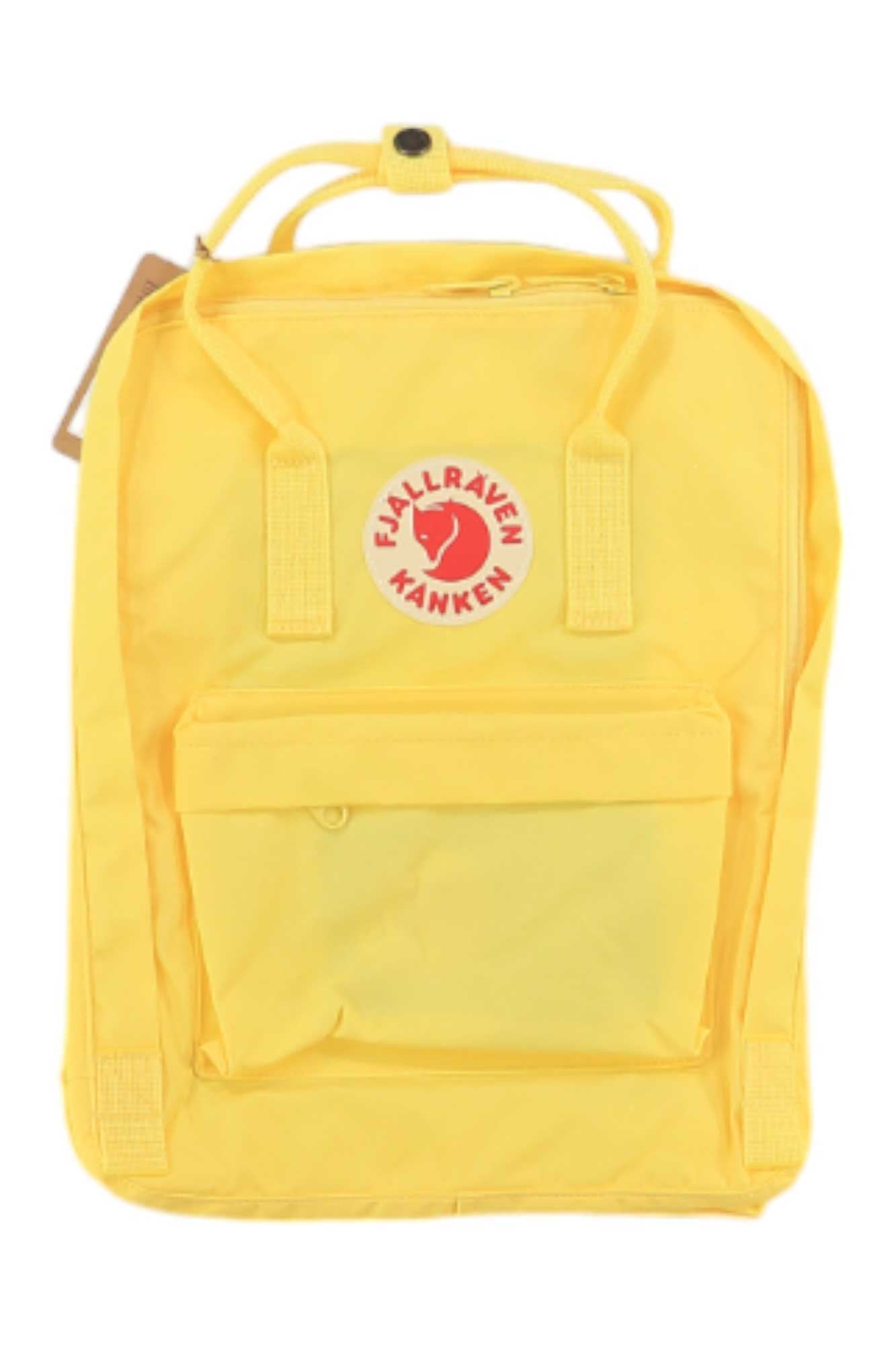 Kanken backpack, warm yellow with front organizer panel and top handle straps