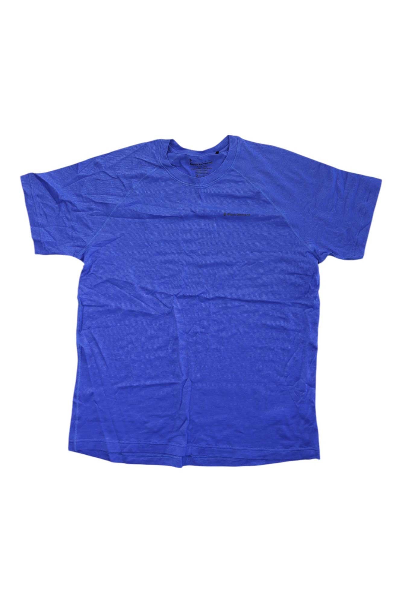 The Black Diamond Mens Rhythm Tee, a plain short-sleeved royal blue shirt ideal for running, is displayed flat on a white background with the fabric showing slight wrinkles.