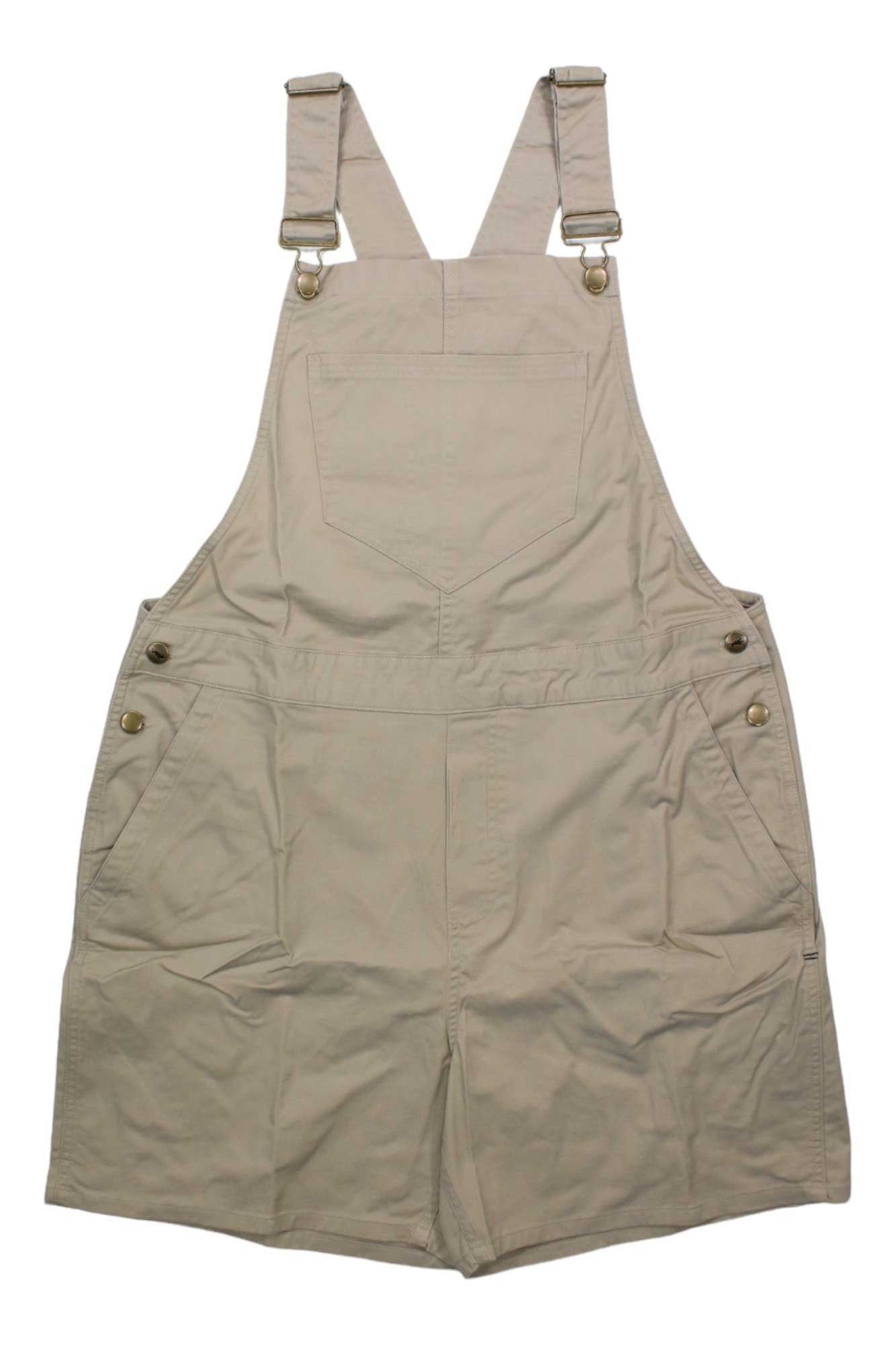 Women’s cotton twill shorterall in light tan, adjustable straps and front bib pocket