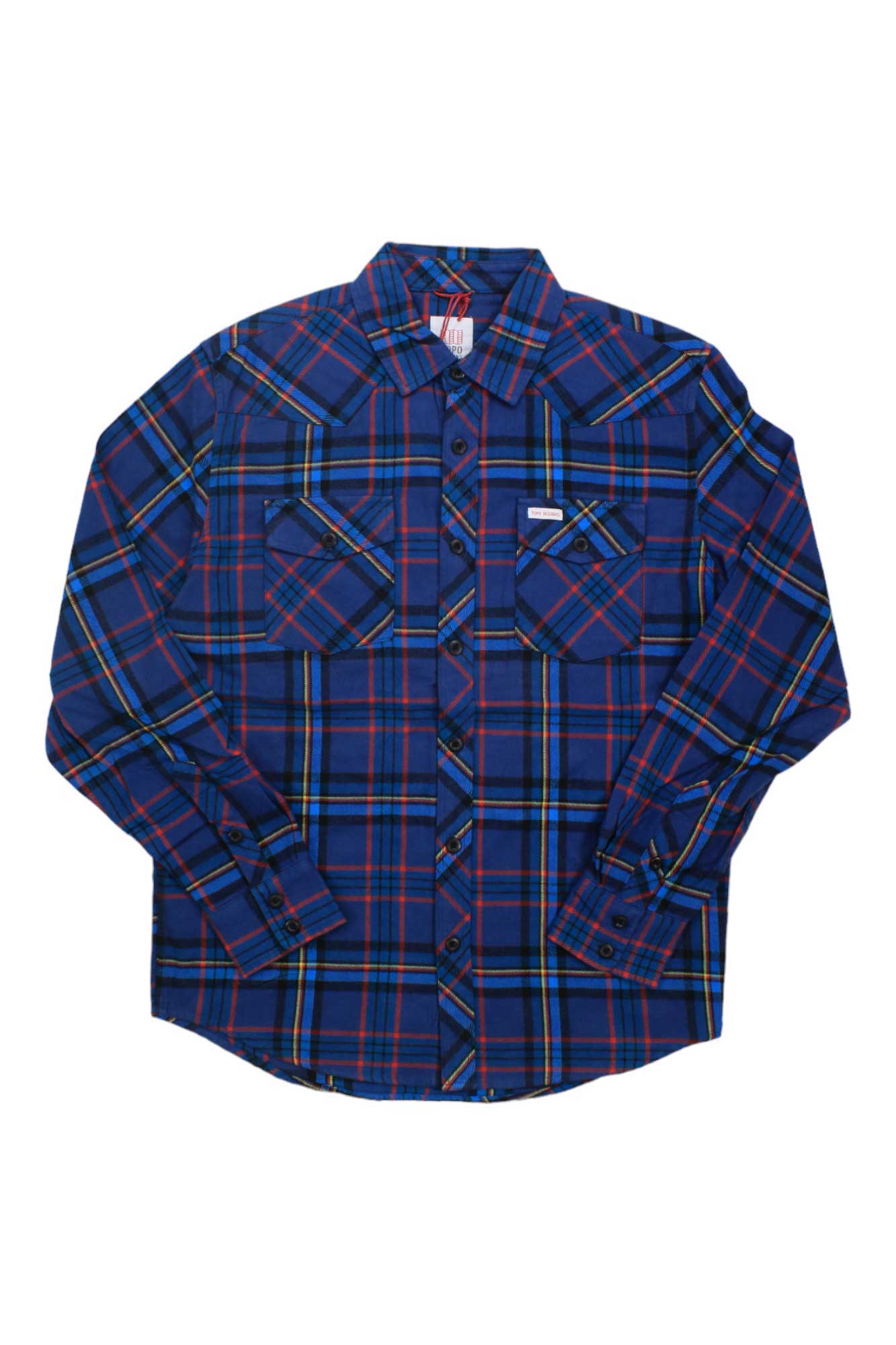 The Topo Designs Mens Mountain Shirt Plaid features blue, red, and yellow plaid, long sleeves, two chest pockets, buttoned cuffs, and is crafted from soft organic cotton. Displayed laid flat on a white background.