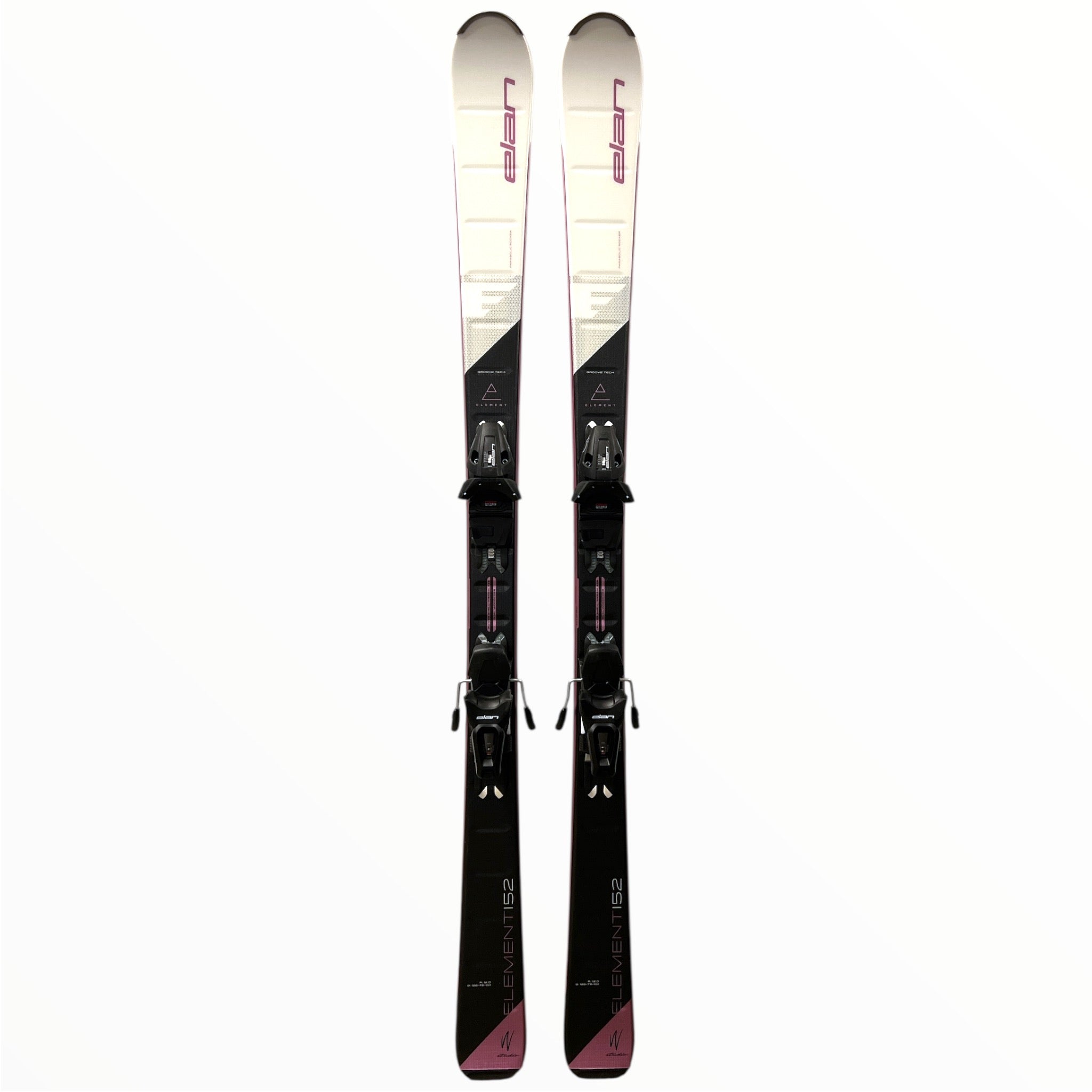 The Elan Element W White LS + ELW 9.0 GW Bindings feature an Amphibio profile and a gradient from white tips to black base, enhanced with subtle pink and gray graphics.
