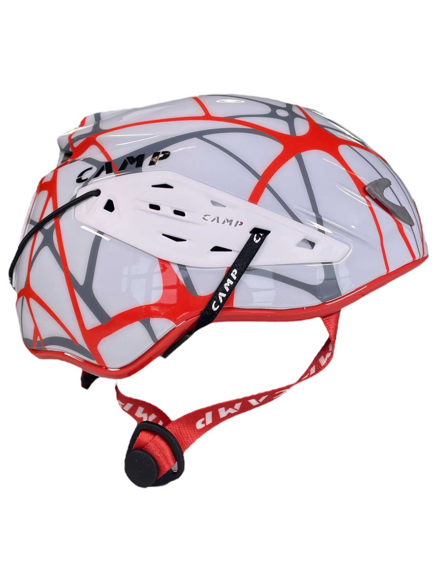 Camp USA Speed Comp helmet in white with red lines, clear visor and chin strap