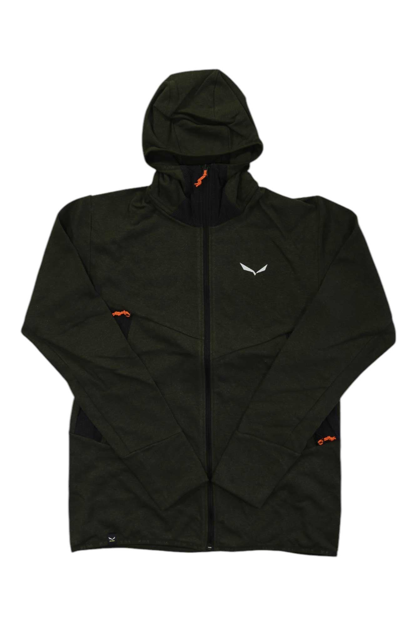 Men's hemp hooded jacket, dark olive full-zip with orange logo accents