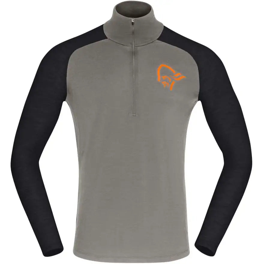 The Norrona Mens Pureull Zip Neck Top features a gray body, black sleeves, orange animal logo on the left chest, moisture-wicking merino wool, fitted design, high collar, and quarter zip—ideal as a stylish baselayer.