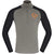 The Norrona Mens Pureull Zip Neck Top features a gray body, black sleeves, orange animal logo on the left chest, moisture-wicking merino wool, fitted design, high collar, and quarter zip—ideal as a stylish baselayer.