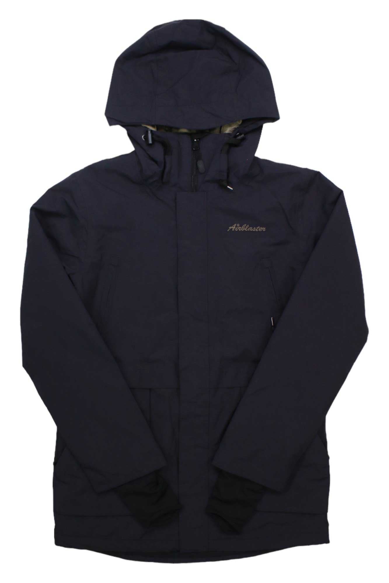 Women's black hooded jacket with full zip, chest logo, and side pockets