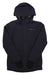 Women's black hooded jacket with full zip, chest logo, and side pockets