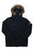The Obermeyer Mens Ridgeline Jacket with Faux Fur is a black, waterproof ski jacket featuring a front zipper, padded design for warmth, small chest logo, and circular patch on the left sleeve.