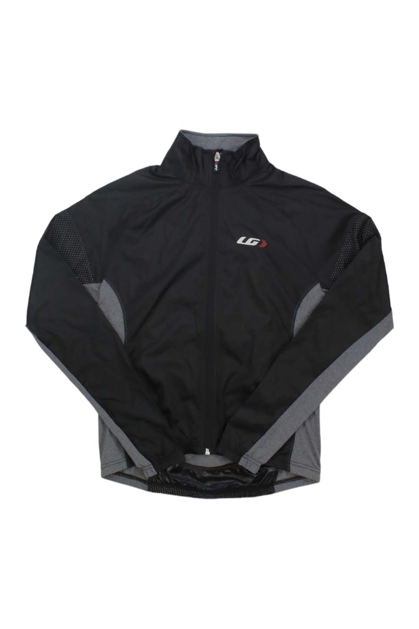 The Modesto 3 Cycling Jacket is black and gray with long sleeves, a full front zipper, LG logo on the chest, mesh sleeve panels, reflective accents, wind protection, and a high collar for comfort.