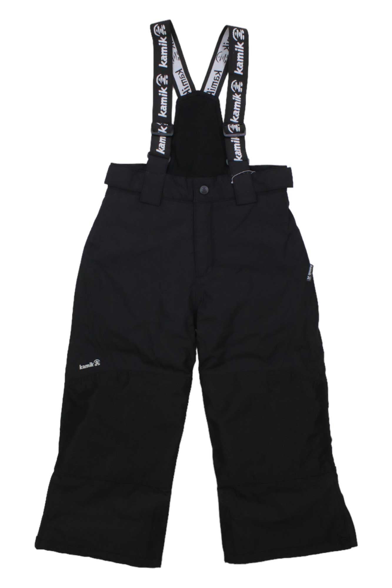 The Kamik Boys Harper Bib features adjustable suspenders with white Kamik branding, belt loops, side pockets, and reinforced knees—ideal as black kids' snow pants for cold weather or ski activities.