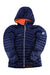 The Mammut Women's Eigerjoch Advanced IN Hooded Jacket is a navy blue puffer with orange lining, white zipper, and logo patches on the chest and left sleeve—ideal for alpine adventures. Shown on a white background.