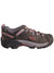KEEN waterproof trail shoe, dark brown upper with coral-pink laces and side stripes