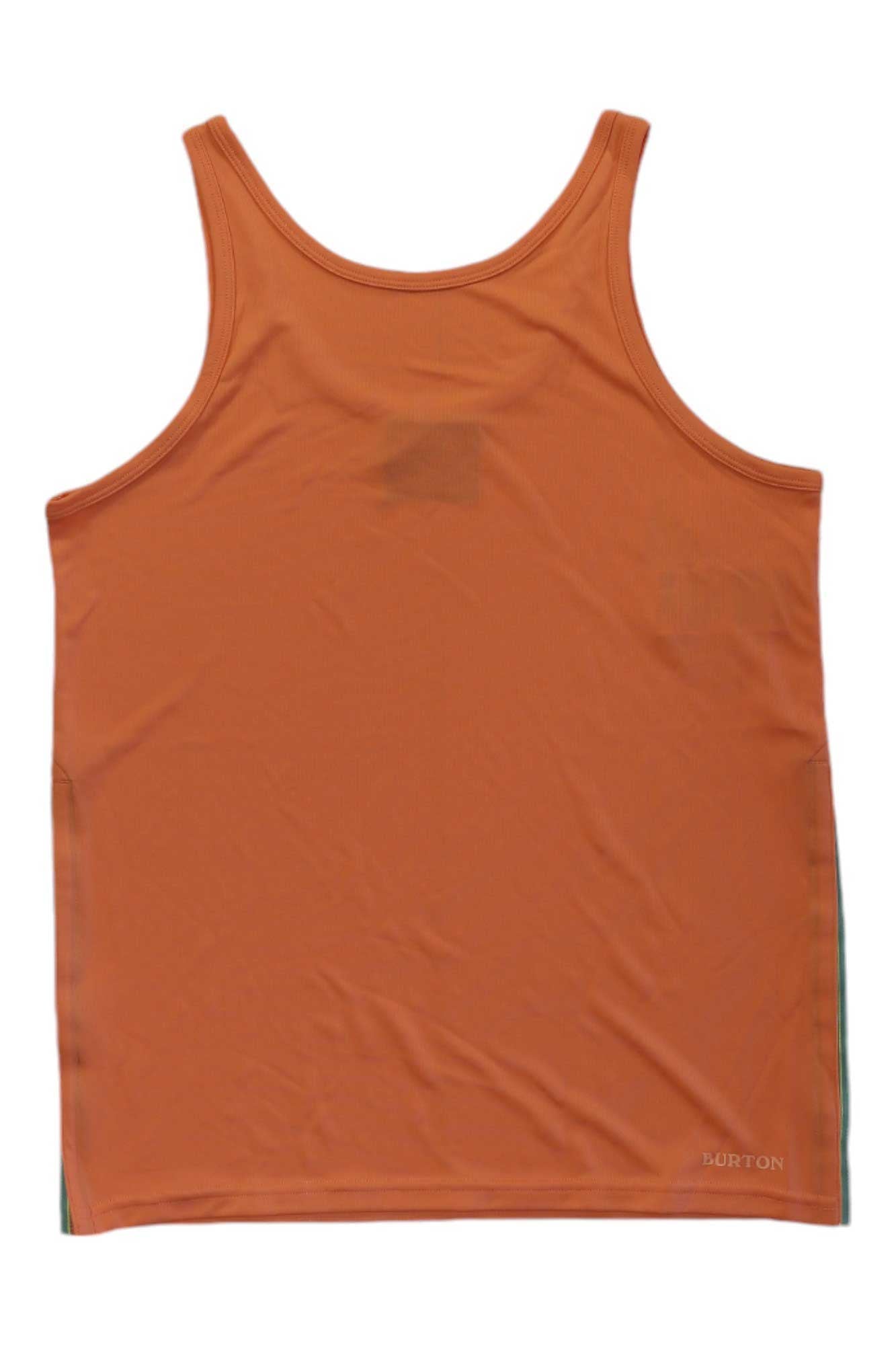 A Burton Womens Luxemore Slit Tank in orange is laid flat on a white background, with the HORTON logo near the hem. This reversible tank top adds style and versatility to any active wardrobe.