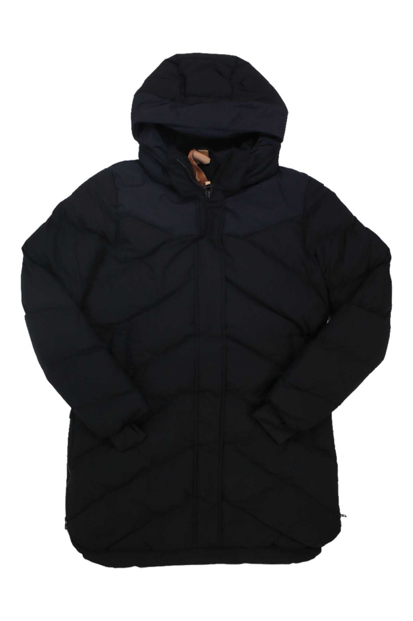 The Indyeva Womens Solukko Mid Matte Jacket is a black, long-sleeved, hooded insulated jacket with a front zipper and quilting, shown laid flat on white. Windproof and stylish, it's ideal for chilly outdoor adventures.