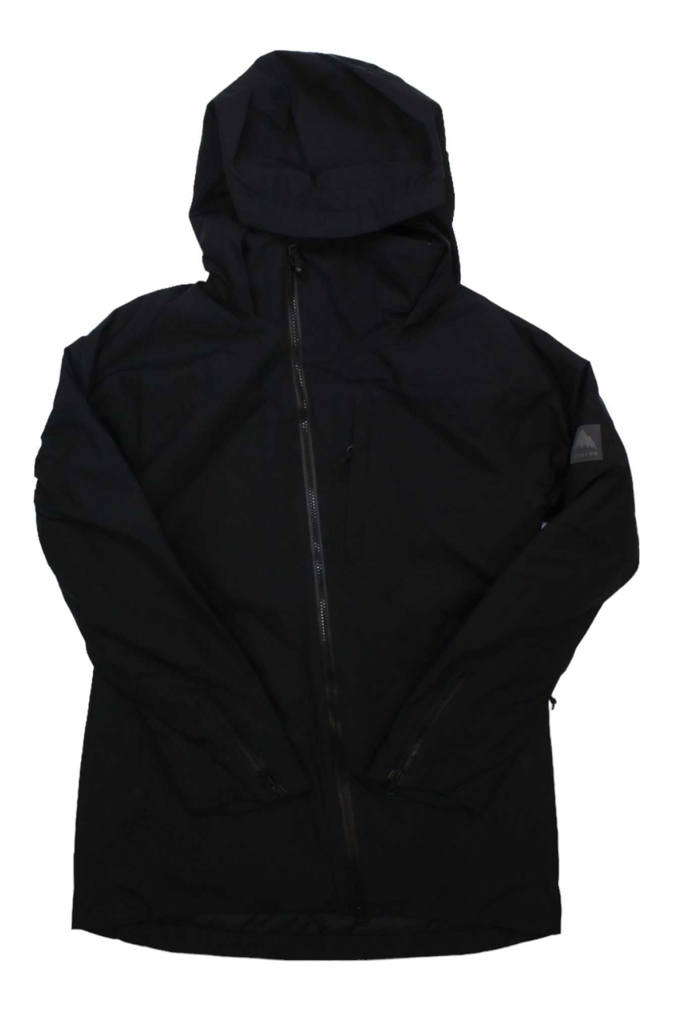 Burton Womens GTX Pillowline Jacket in black, with a diagonal front zipper, long sleeves, and ThermacoreECO insulation for warmth; waterproof ski jacket inspired by the Burton women's GORE-TEX style, shown laid flat on a white background.