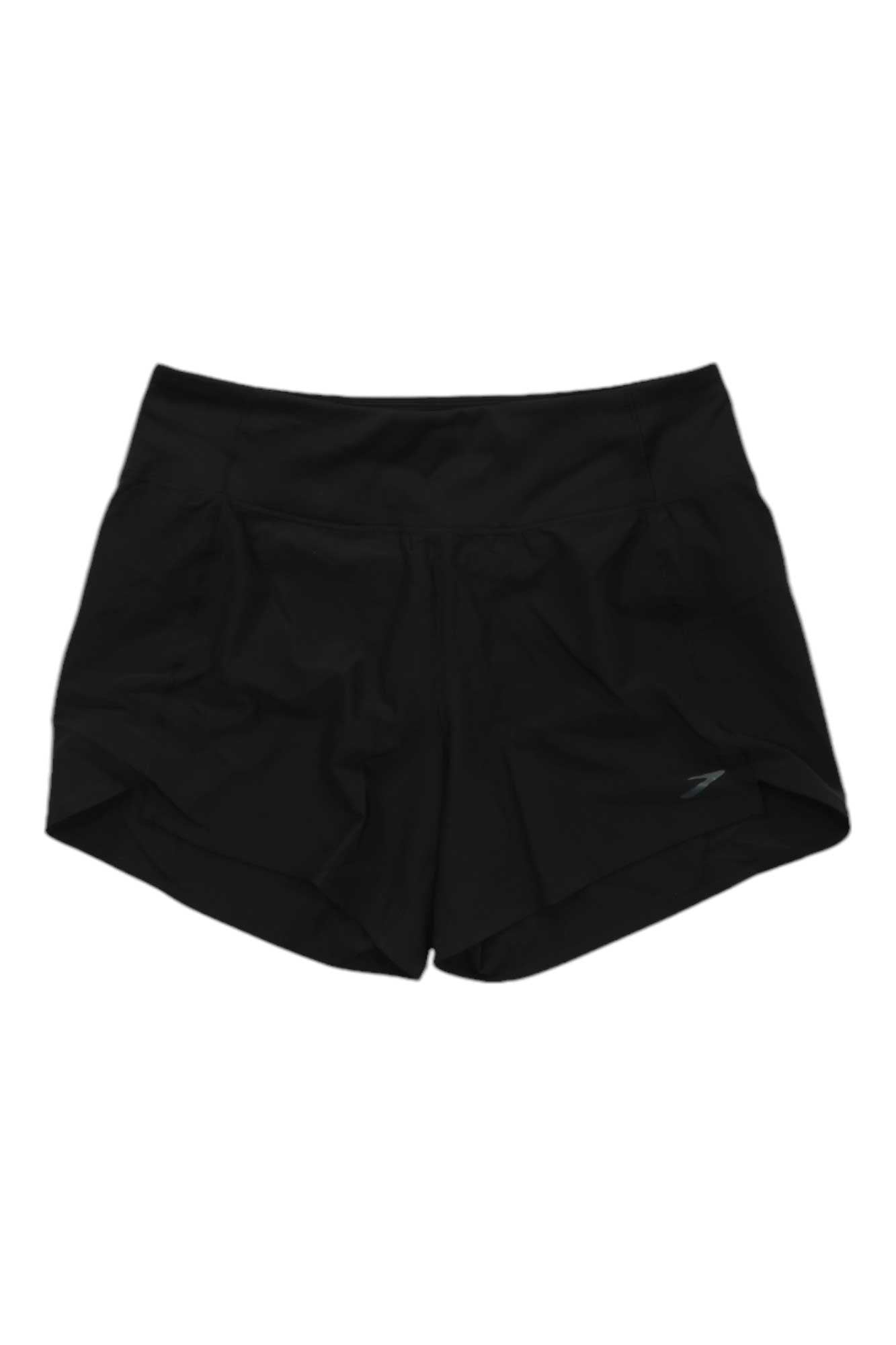 The Brooks Womens Chaser 5 Inch Short is a pair of black running shorts with a subtle lower-left logo, featuring moisture-wicking fabric, a simple design, and an elastic waistband.