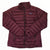 The Women's Down Sweater Jacket is maroon, quilted, and made from recycled polyester with 800-fill-power down. It features a front zipper, zippered side pockets, high collar, and a small Patagonia logo on the chest. Displayed on a white background.