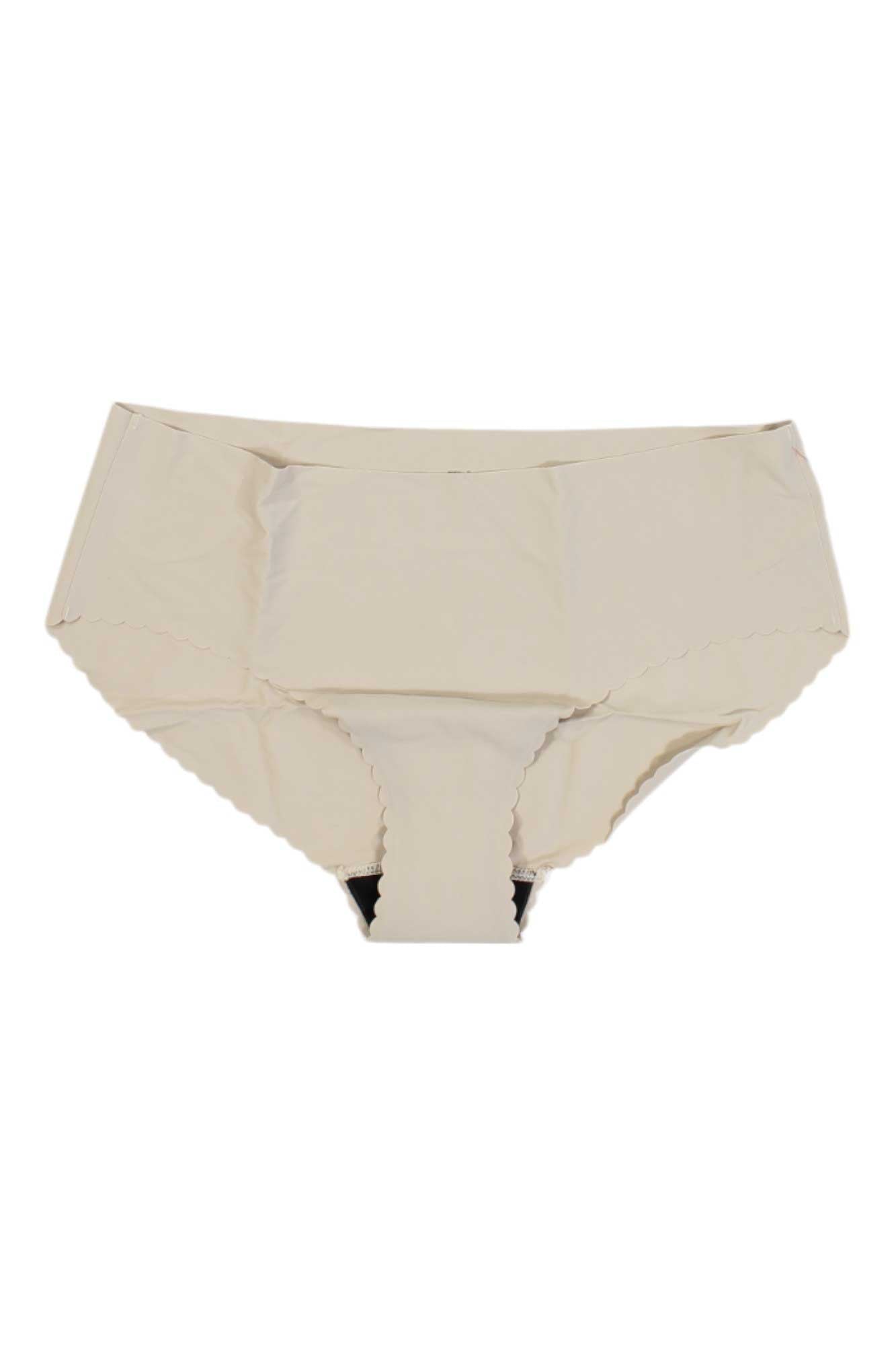 A pair of Proof Womens Period & Leak Proof Everyday Panty in light beige with scalloped edges, offering comfort and support, displayed flat on a white background.