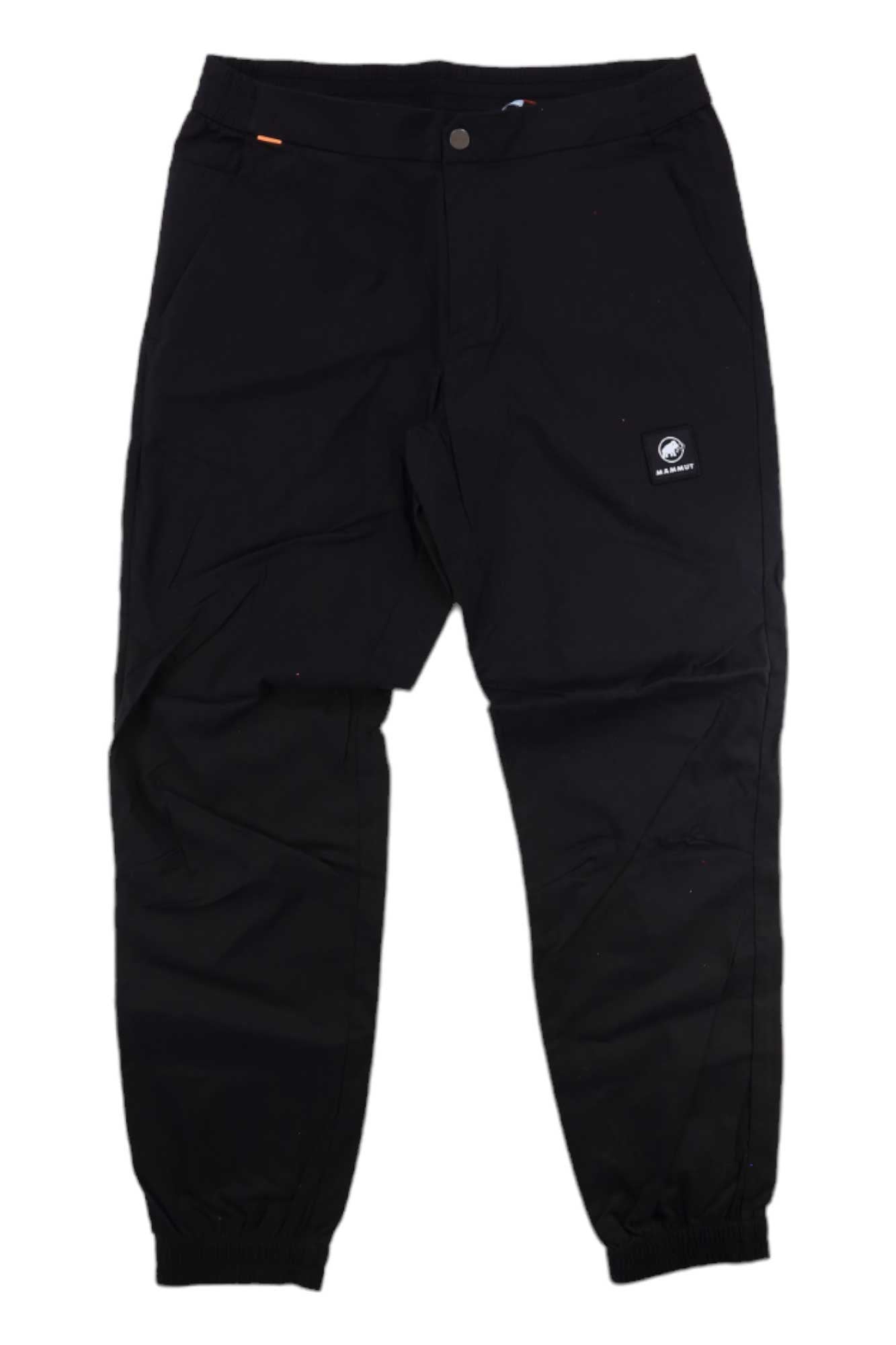 The Mammut Men's Massone Light Pant in black features an elastic waistband and cuffs, button closure, side pockets, and a small logo patch on the left thigh.