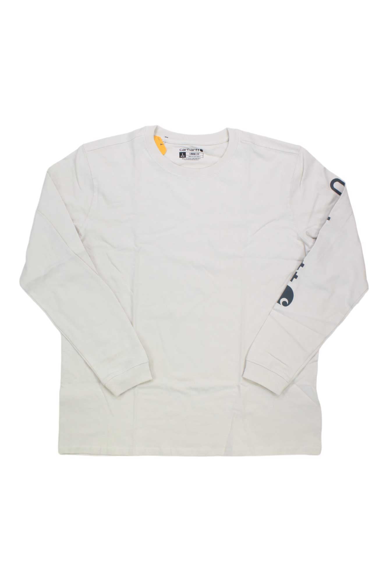 A Carhartt Womens WK231 Workwear Sleeve Logo LS T-Shirt in plain white is laid flat. It has a round neckline, minimal design, black sleeve logo, and a yellow tag attached to the collar.