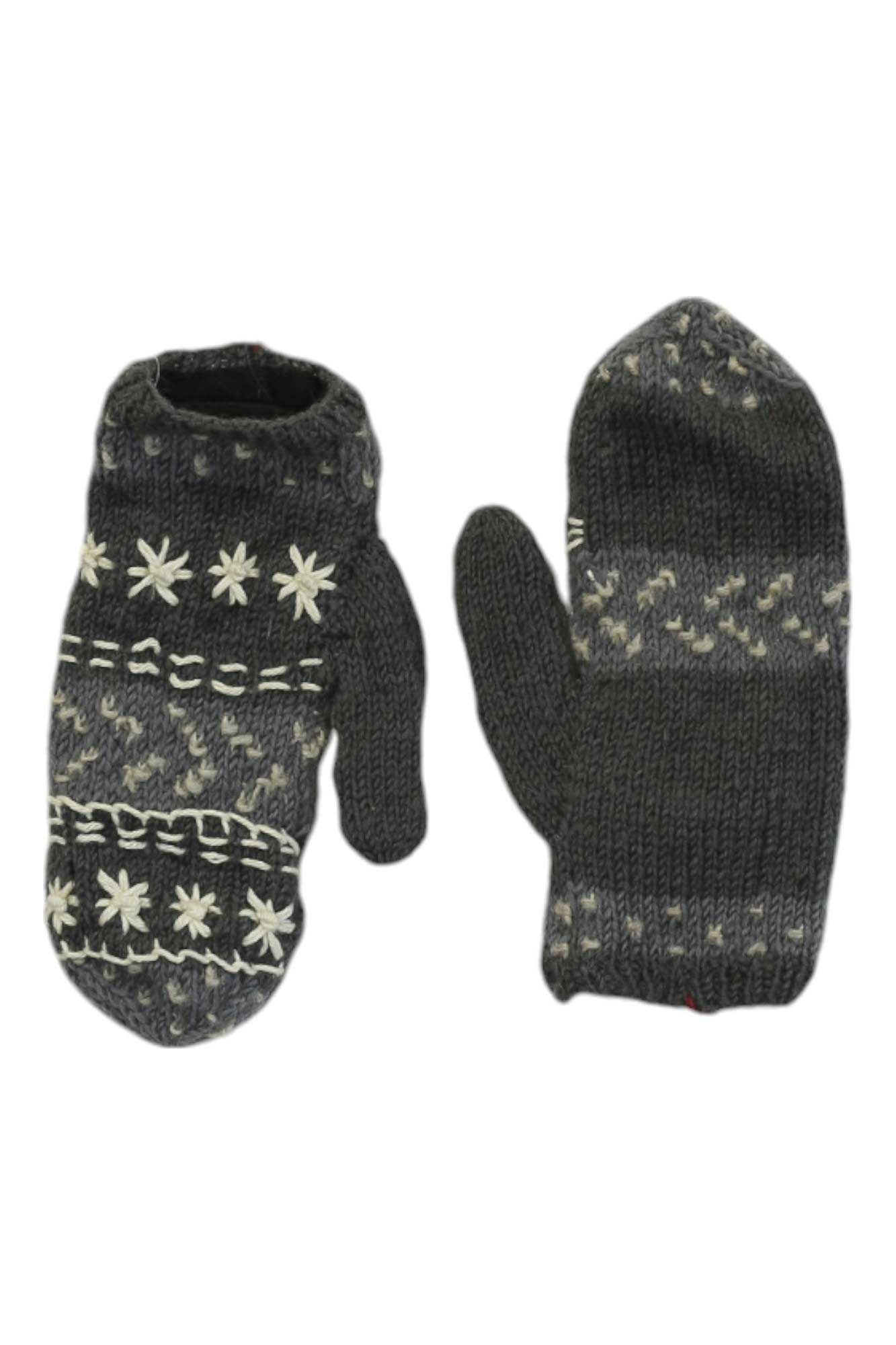 The Lost Horizons Women's Midori Mittens are a gray fleece-lined pair with white snowflake and geometric Sashiko-inspired patterns, shown side by side on a white background.