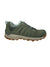 Women’s low leather hiking shoe in green with lace-up front and rugged brown outsole