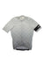 The Mens Pro Team Midweight Short Sleeve Jersey is a light gray cycling jersey with a geometric pattern, full front zipper, and black left armband with white RAPHA text—ideal for versatile rides.
