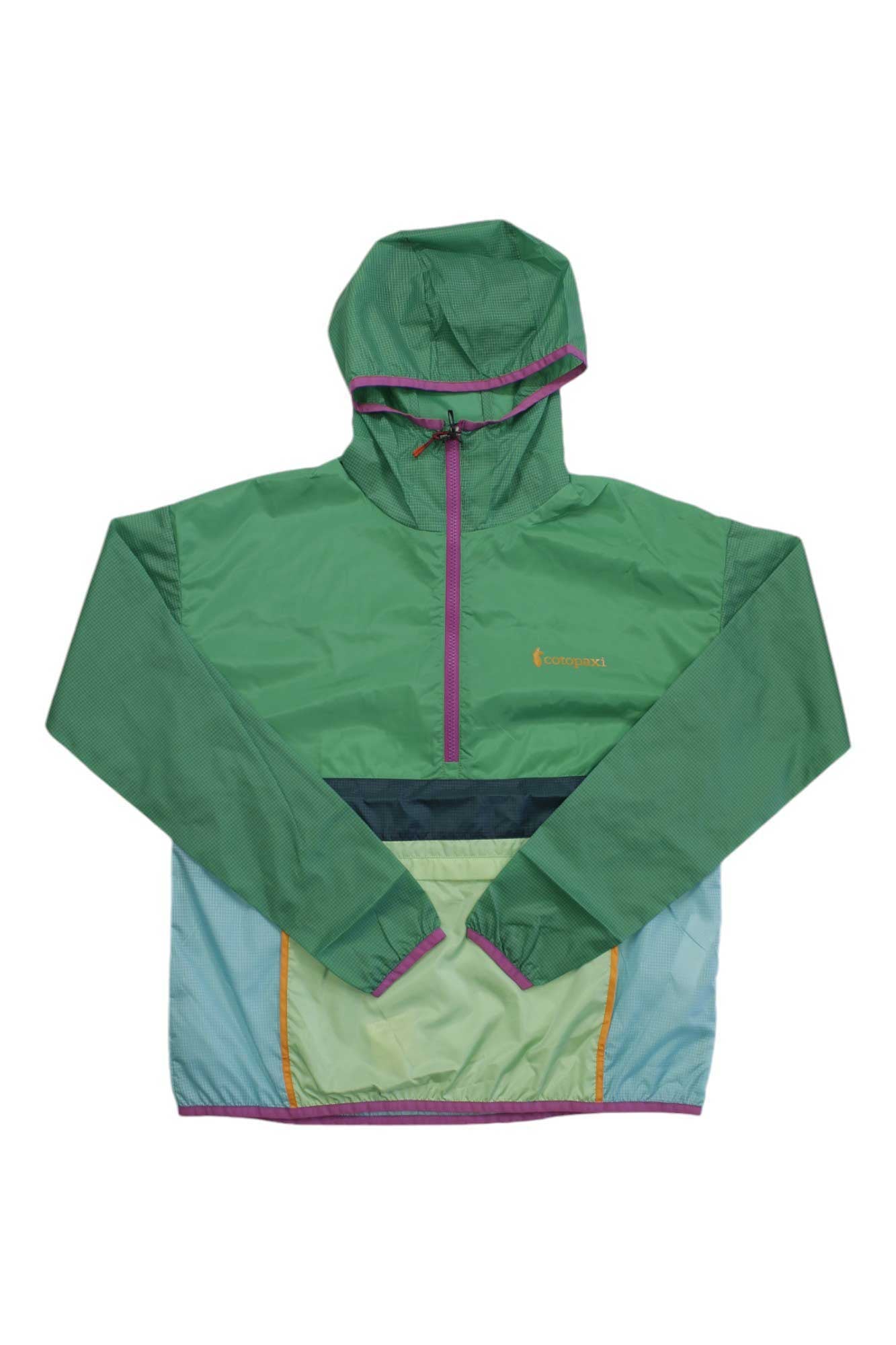 The Cotopaxi Womens Teca Half-Zip Windbreaker Hoodie features color-blocked green, blue, and light blue panels, purple trim on the hood and zipper, yellow accents, and a front pocket—ideal as a packable hiking hoodie.