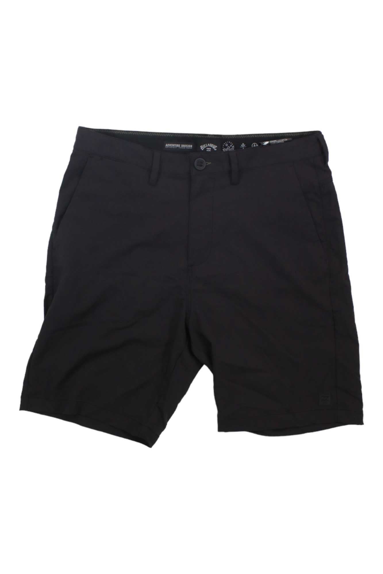 A pair of Billabong Men's Surftrek Journey Shorts with moisture-wicking fabric, front pockets, belt loops, and a button closure is laid flat on a white background.