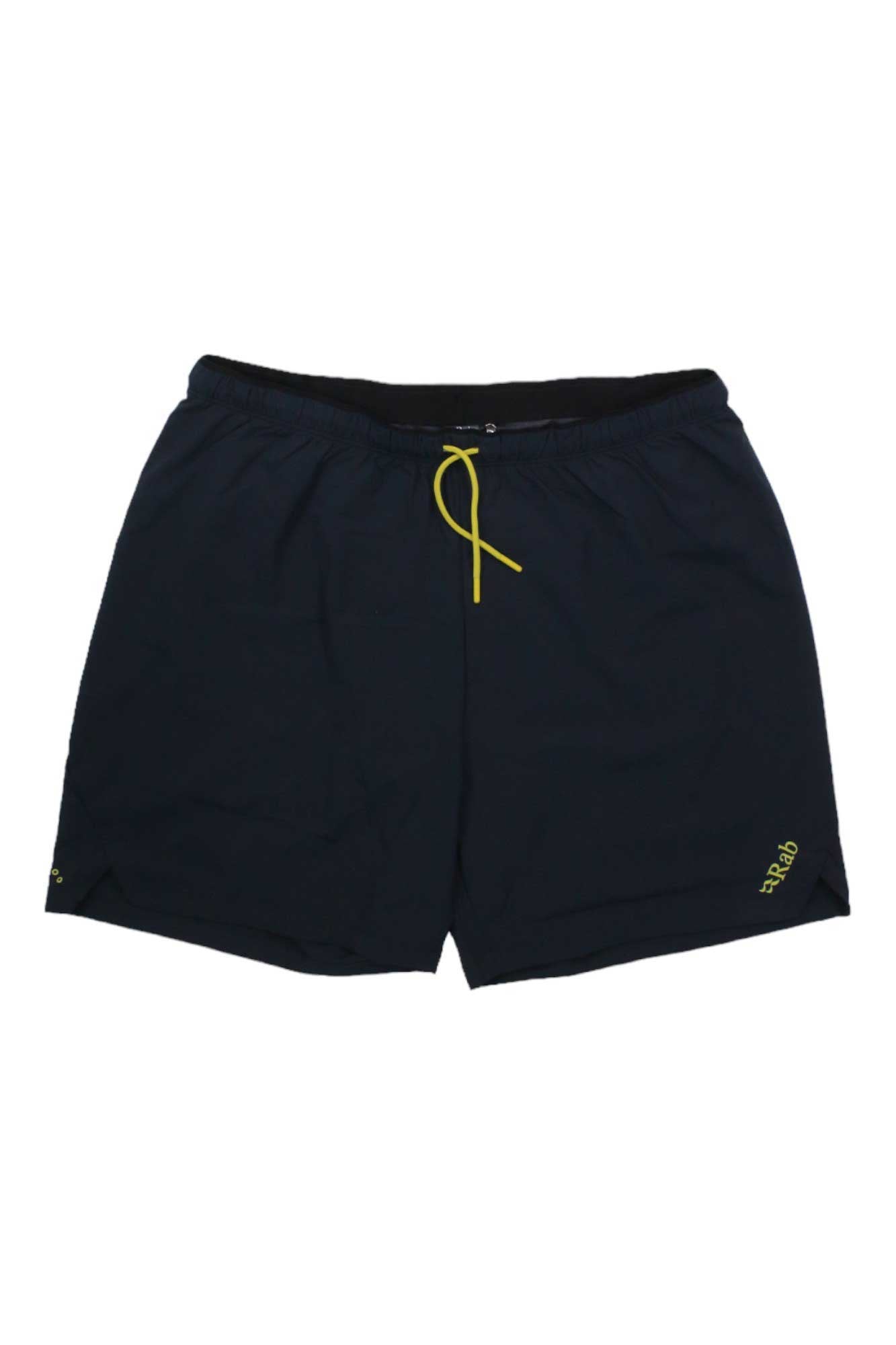 Men's active 7-in shorts, dark navy with yellow drawcord tie and side logo
