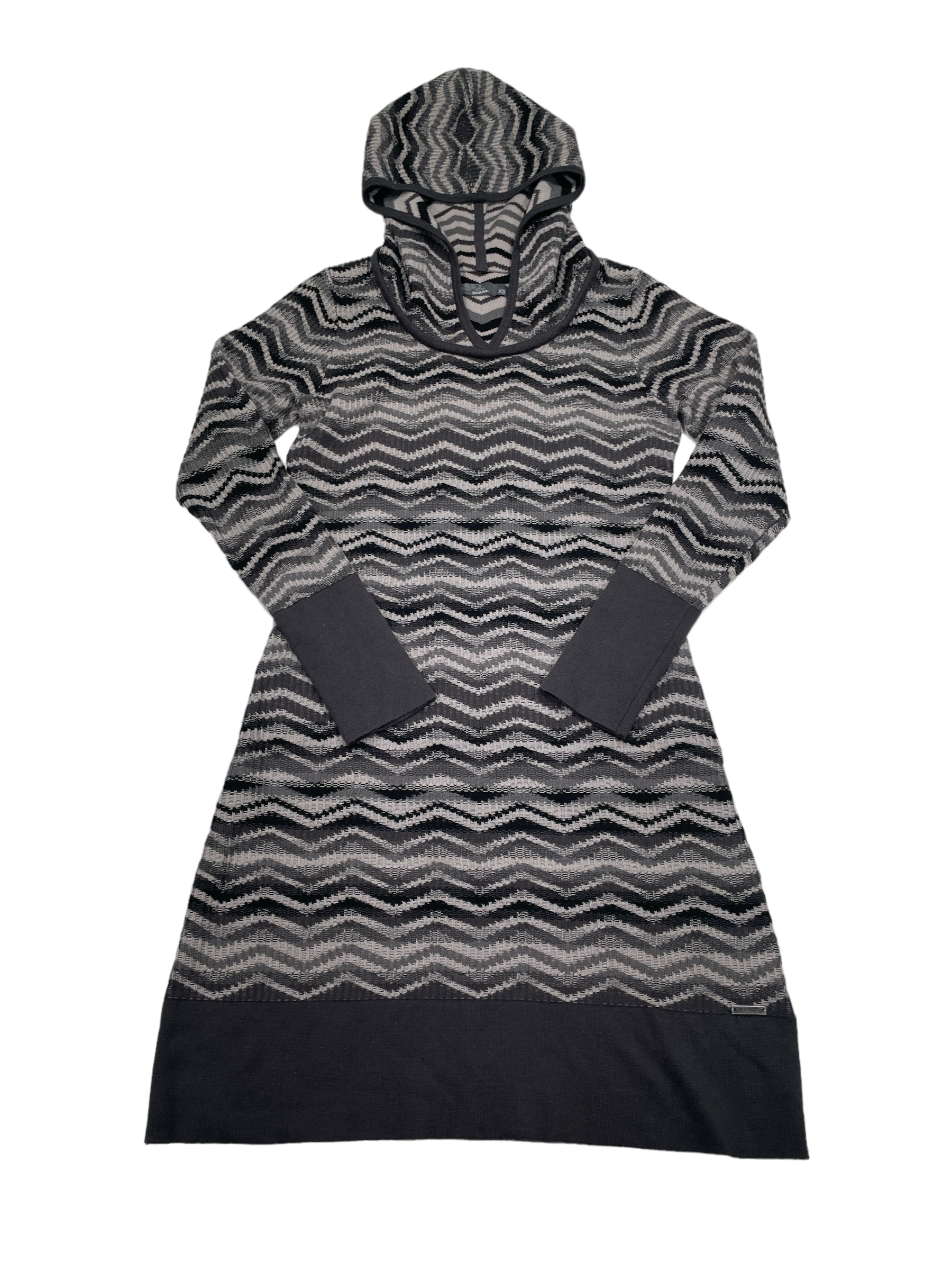 Black chevron knit hooded sweater dress with long sleeves