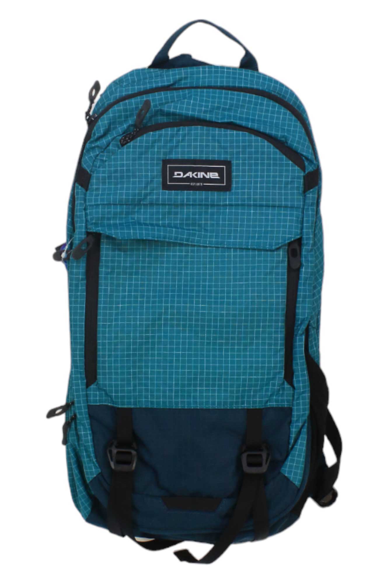 The Dakine Women's Syncline 12L Hydration Pack is a blue and black backpack with a grid pattern, front zip pocket, top handle, logo patch, multiple compartments, black straps, and buckles for on-the-go convenience.