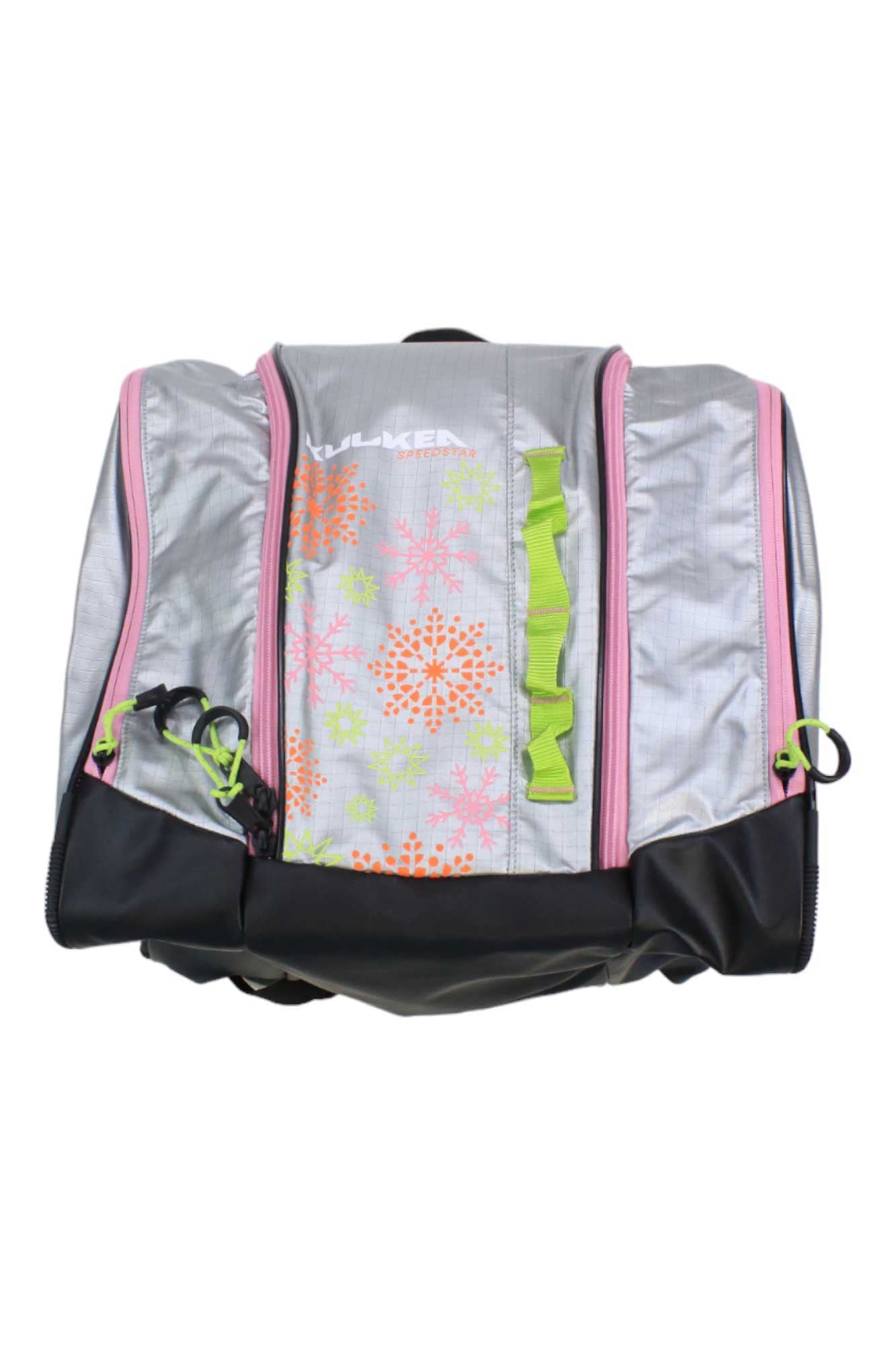 The Kulkea Kids Speed Star Ski Boot Bag features a silver and black design with pink zippers, green handles, and orange and green snowflake patterns—ideal for carrying children’s alpine ski gear in style.