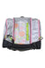 The Kulkea Kids Speed Star Ski Boot Bag features a silver and black design with pink zippers, green handles, and orange and green snowflake patterns—ideal for carrying children’s alpine ski gear in style.