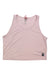 The Topo Designs Womens River Tank is a light pink sleeveless crop top with a round neckline and a rectangular black and white logo patch near the hem, designed for all-day comfort during outdoor adventures.