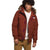 Men's bomber jacket in dark rust brown with faux-fur trimmed hood and ribbed hem cuffs