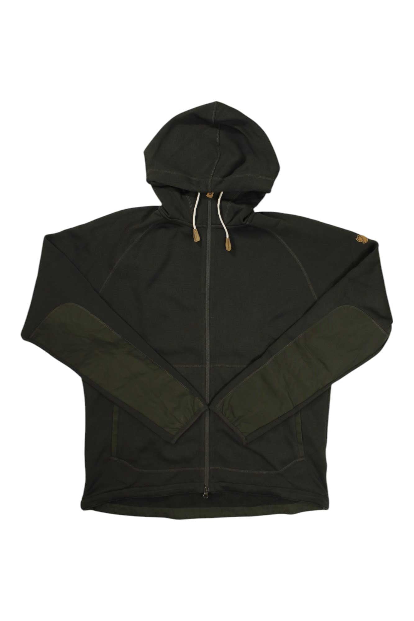 The Fjallraven Mens Ovik Fleece Hoodie is a dark green outdoor hoodie with a hood, drawstrings, long sleeves, elbow patches, and a left shoulder patch—ideal for hiking or everyday use.