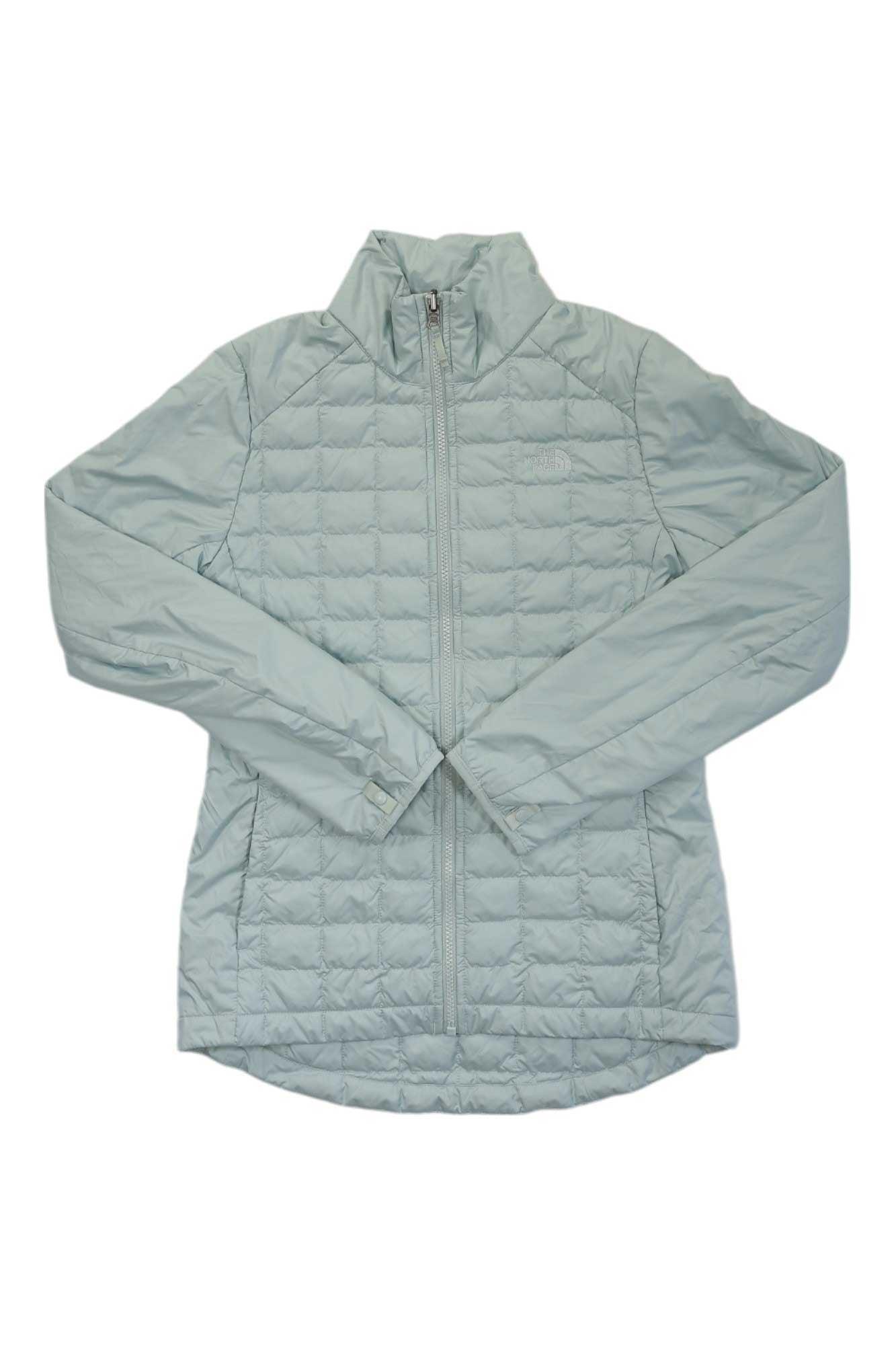 The North Face women's ThermoBall Eco quilted 3-in-1 jacket, light teal, full-zip, stand collar