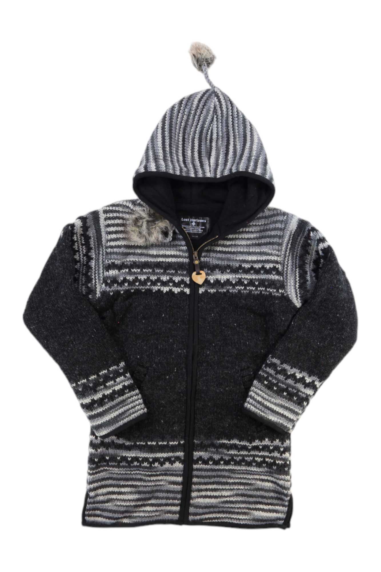 The Lost Horizons Womens Yoko Fleece Lined Sweater is a black and gray hooded sweater with white geometric patterns, zipper front, wooden button at the collar, and a pointed hood with a pompom.