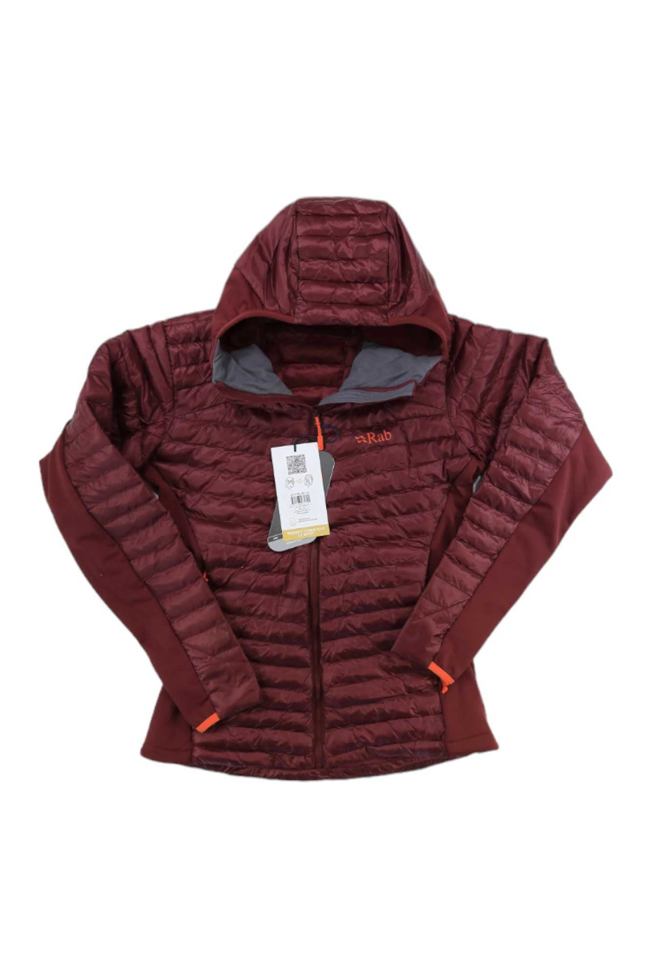 Rab womens quilted hooded zip jacket, deep heather maroon