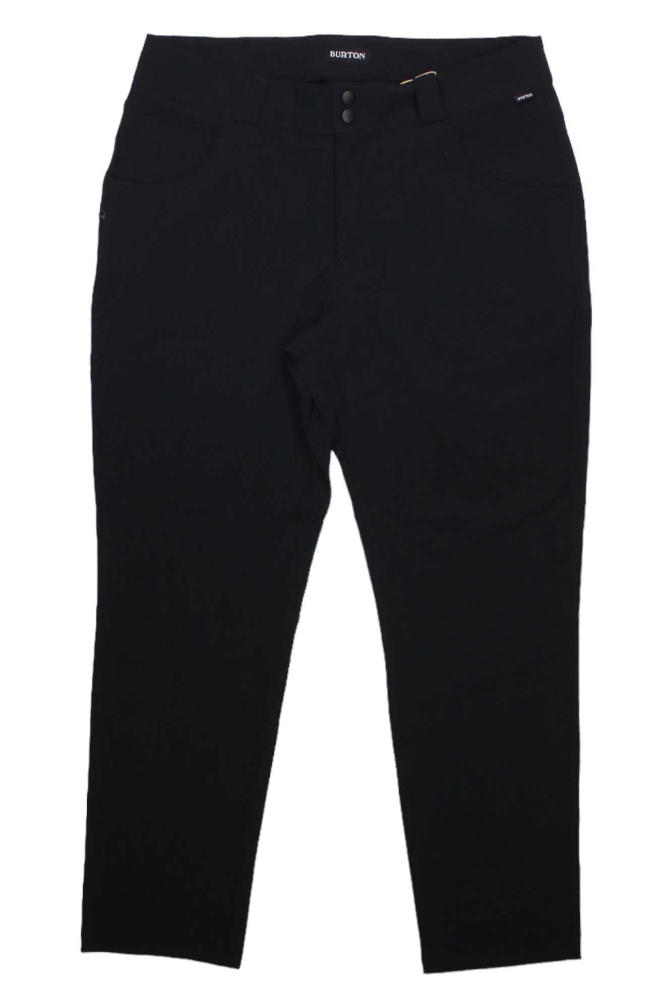 The Burton Womens Multipath Pant is shown in plain black with a slim fit, button and zipper closure, front pockets, and straight legs, displayed against a white background.