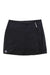 The Big Agnes Women's Columbine Skirt is a black, quilted ultralight insulated mini skirt with an asymmetrical right zipper and a small circular logo near the bottom left hem.