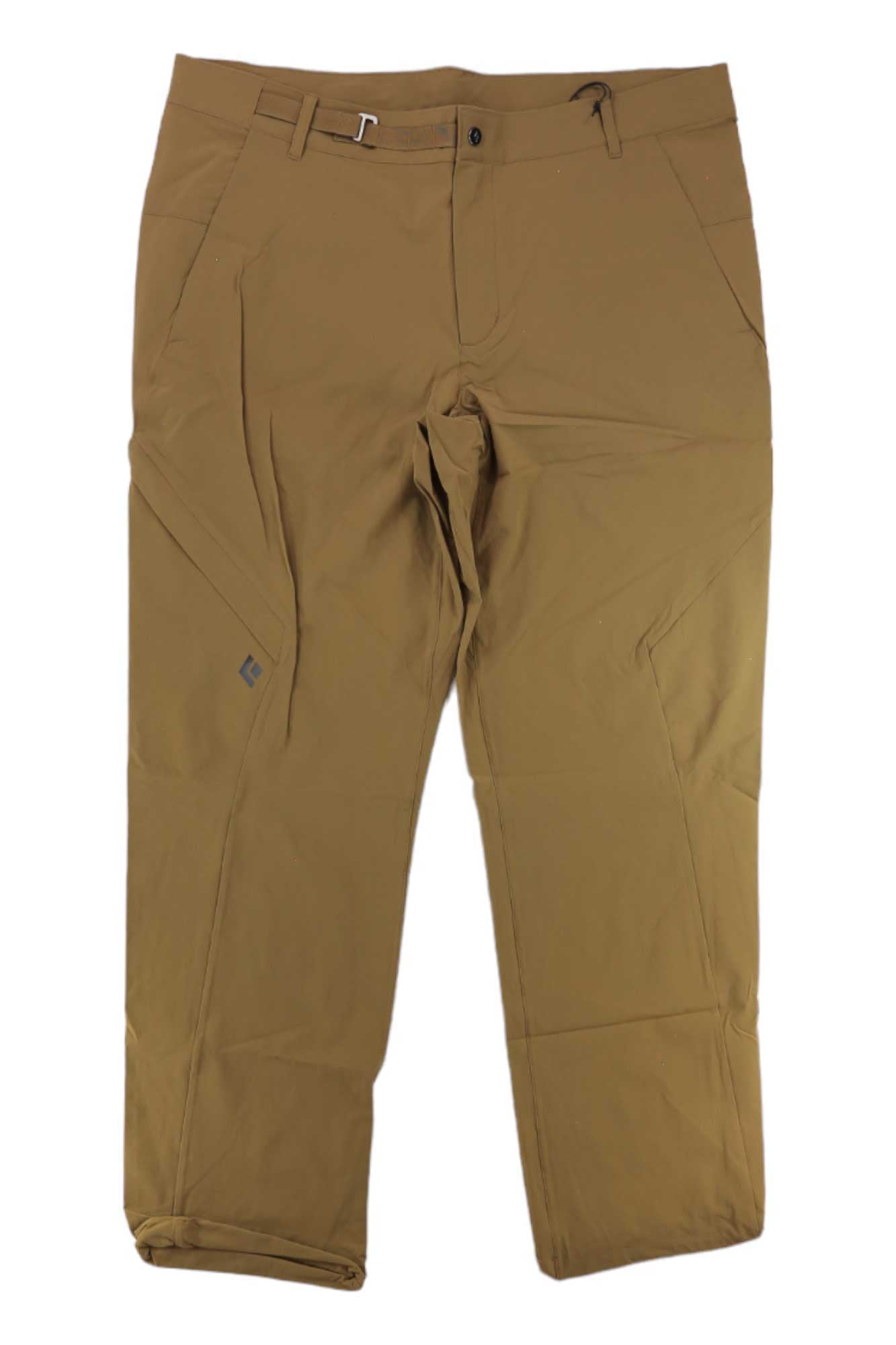 A pair of tan MENS ALPINE LIGHT PANTS with front pockets, button and zipper closure, belt loops, and a small left thigh logo is shown laid flat on a white background.
