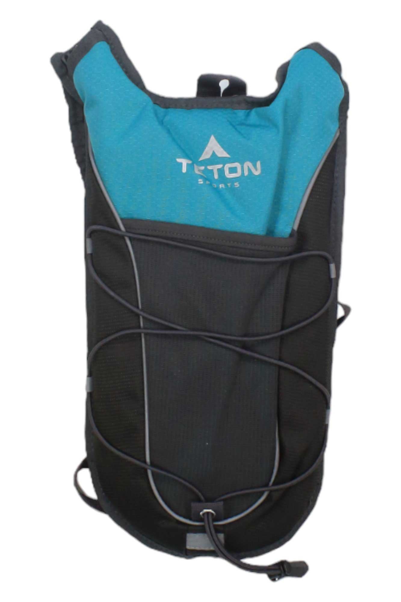 Teal and black hydration pack with front mesh pocket and adjustable shoulder straps