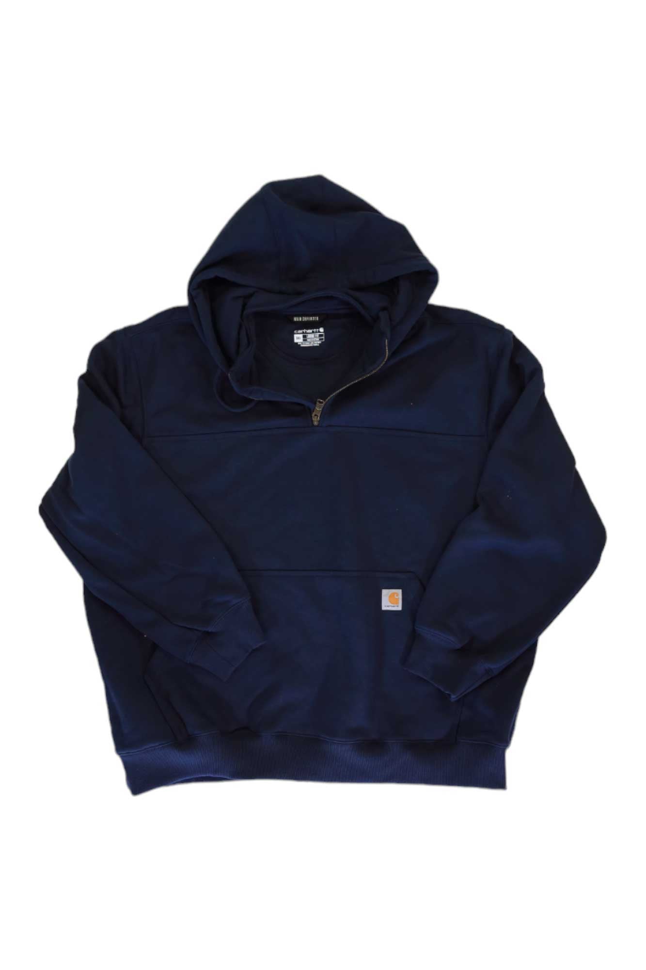 A navy blue Carhartt Rain Defender Loose Fit Heavyweight Quarter-Zip Sweatshirt with ribbed cuffs and a small rectangular logo patch on the lower front is laid flat on a white background.