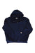 A navy blue Carhartt Rain Defender Loose Fit Heavyweight Quarter-Zip Sweatshirt with ribbed cuffs and a small rectangular logo patch on the lower front is laid flat on a white background.